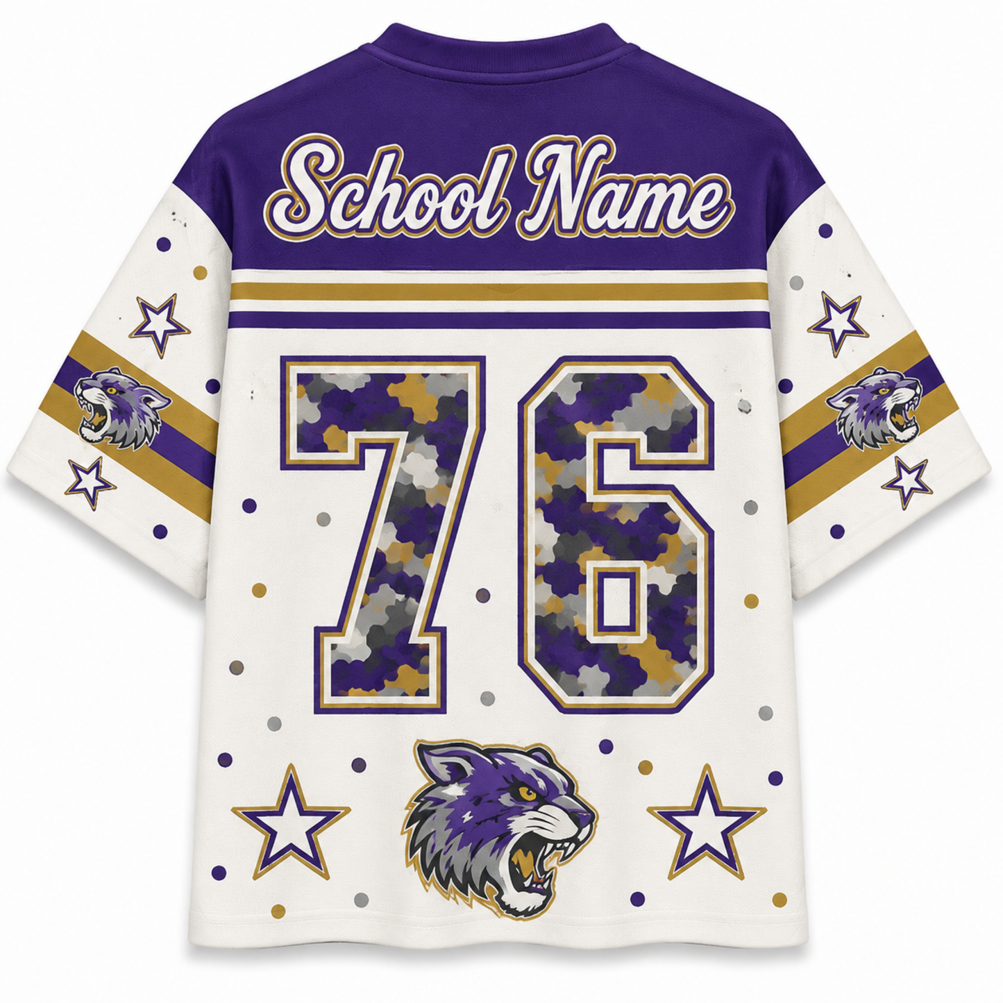 Customizable short-sleeve sports jersey shown from the back, featuring a purple collar and shoulders, white body, gold and purple stripes, large number 76 with camouflage fill, school name text, stars, dots, and a wildcat mascot graphic.