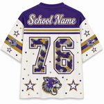 Customizable short-sleeve sports jersey shown from the back, featuring a purple collar and shoulders, white body, gold and purple stripes, large number 76 with camouflage fill, school name text, stars, dots, and a wildcat mascot graphic.