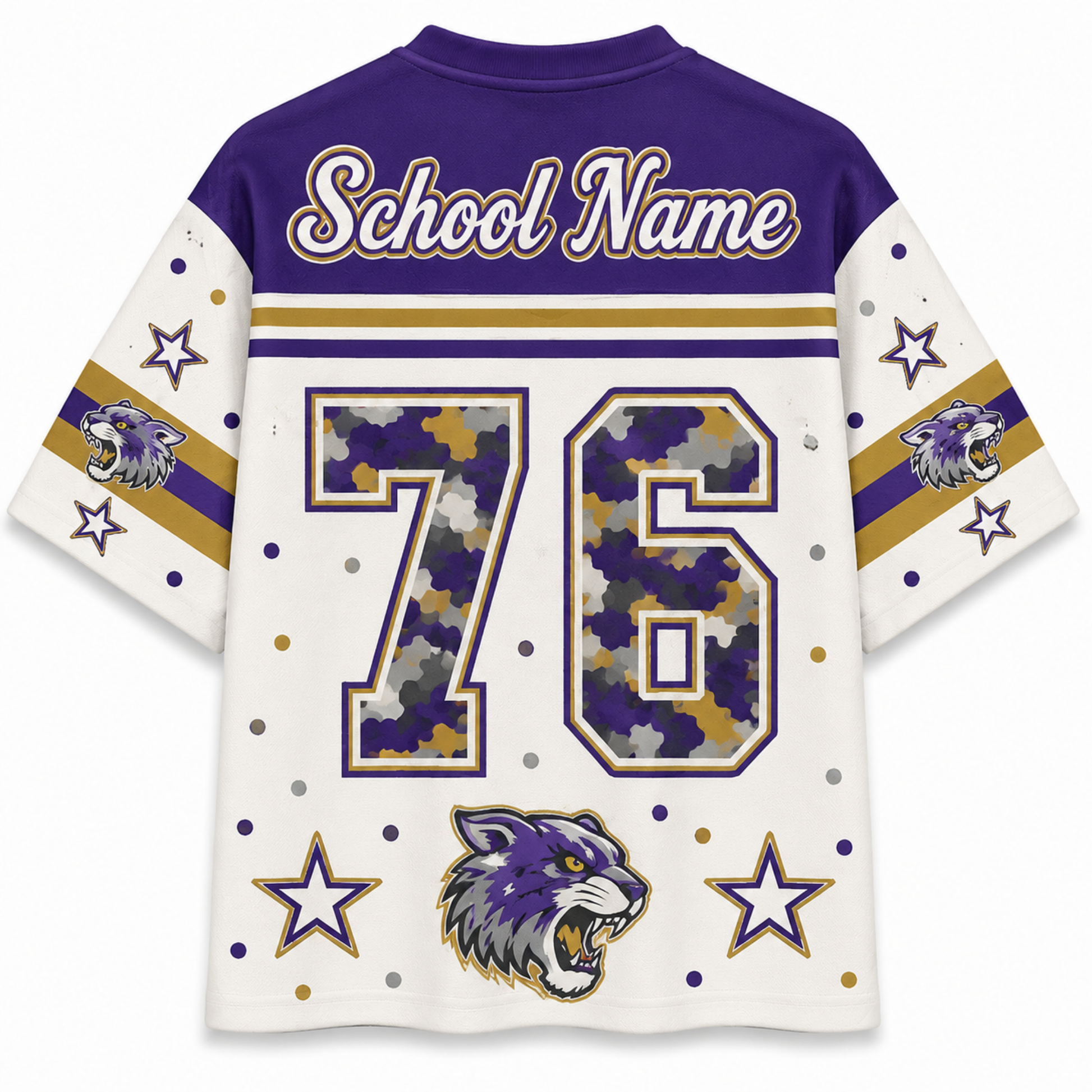Customizable short-sleeve sports jersey shown from the back, featuring a purple collar and shoulders, white body, gold and purple stripes, large number 76 with camouflage fill, school name text, stars, dots, and a wildcat mascot graphic.