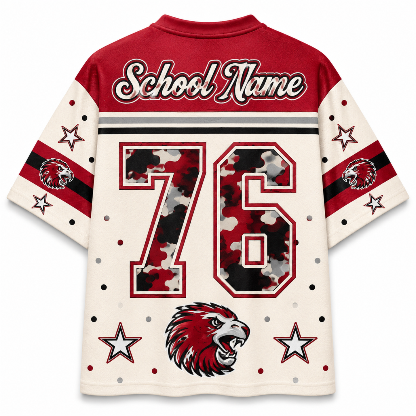 Custom hockey-style jersey with 'School Name' text on the back collar, large number 76 in red, black, and gray camouflage, eagle head graphics, and white stars on the sleeves and lower body.