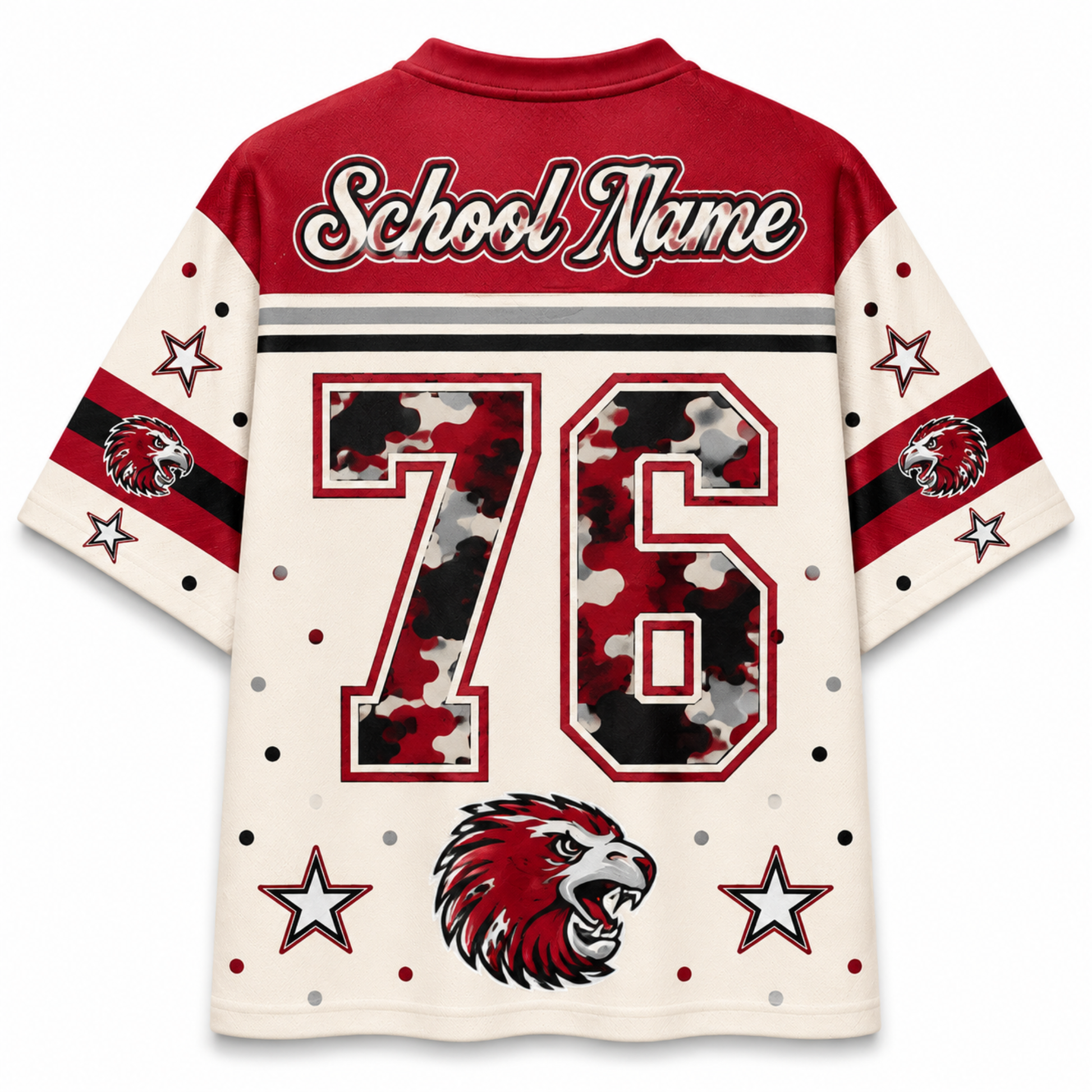 Custom hockey-style jersey with 'School Name' text on the back collar, large number 76 in red, black, and gray camouflage, eagle head graphics, and white stars on the sleeves and lower body.
