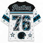 A short-sleeve sports jersey shown from the back, featuring the word 'Panthers' across the black shoulders, the number 76 in a blue, gray, and black camouflage pattern, and a blue panther head graphic near the lower back. The sleeves are white with blue stripes, star motifs, and black dots.