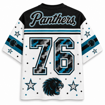 A short-sleeve sports jersey shown from the back, featuring the word 'Panthers' across the black shoulders, the number 76 in a blue, gray, and black camouflage pattern, and a blue panther head graphic near the lower back. The sleeves are white with blue stripes, star motifs, and black dots.