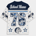 Customizable football jersey shown from the back, featuring a navy blue collar and shoulders, white sleeves and body, blue and gray accents, a large number 76 with a blue camouflage pattern, a horse head logo, and 'School Name' text at the top.