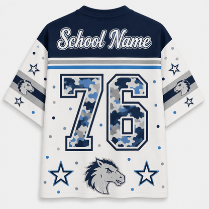 Customizable football jersey shown from the back, featuring a navy blue collar and shoulders, white sleeves and body, blue and gray accents, a large number 76 with a blue camouflage pattern, a horse head logo, and 'School Name' text at the top.