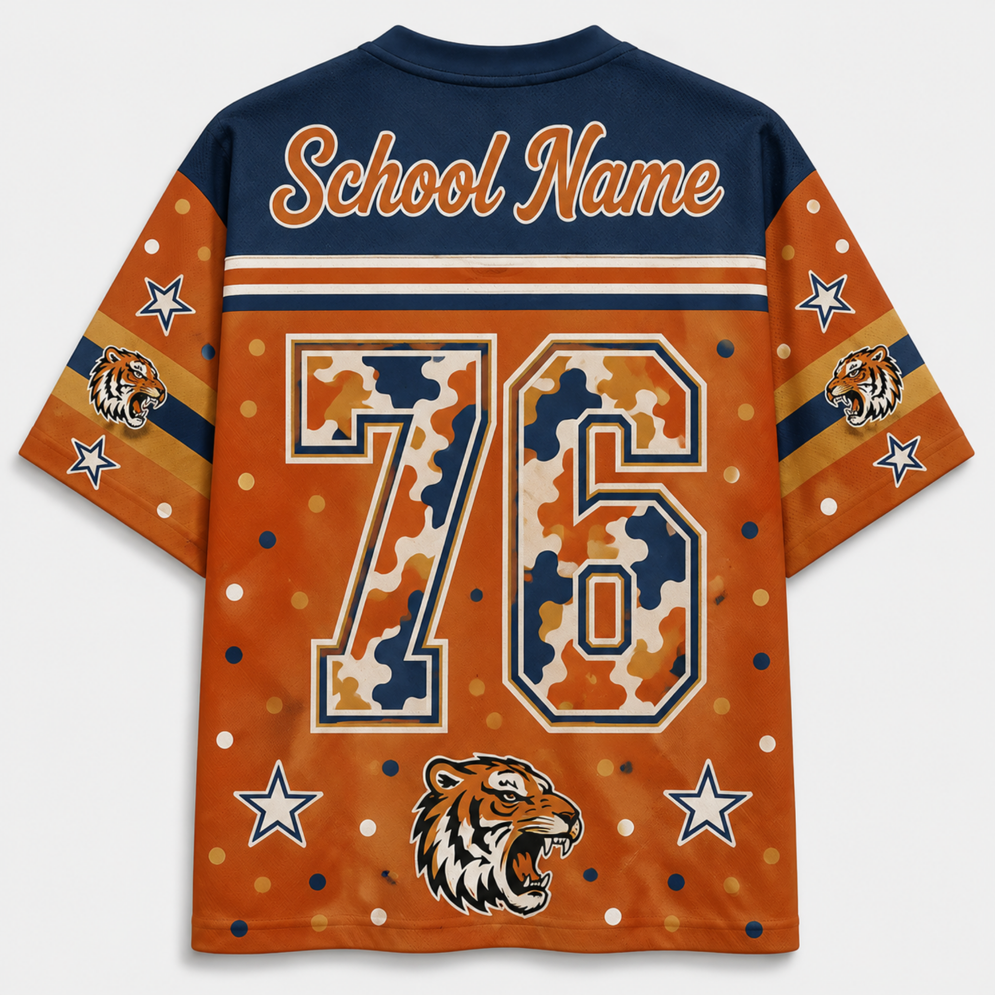 A short-sleeve custom sports jersey shown from the back, featuring a navy blue collar and upper back, orange sleeves with white stars and tiger head graphics, and a large orange number 76 with a camouflage fill. The top reads 'School Name' in white script.