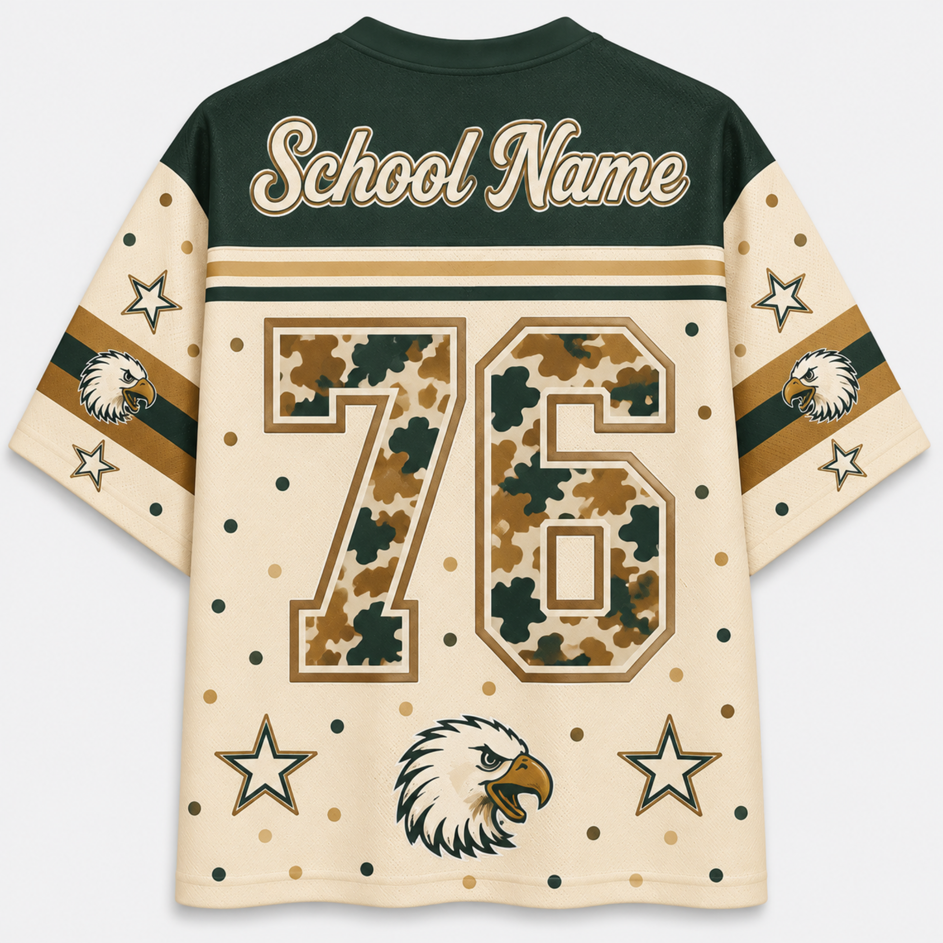 Customizable short-sleeve athletic jersey shown from the back, featuring a dark green collar and shoulders, cream body, camouflage patterned number 76, gold and dark green stripes on the sleeves, eagle head graphics, and 'School Name' text at the top.