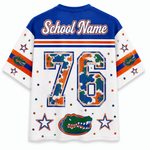 Custom Florida Gators themed short-sleeve jersey shown from the back, featuring a royal blue collar and shoulders, white body, orange and blue stripes, a camouflage patterned number 76, custom 'School Name' text, and an alligator logo at the bottom.