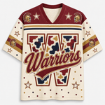 A short-sleeve V-neck jersey-style shirt with a cream base, burgundy shoulder panels, gold and navy stripes, star motifs, and a large camouflage-style letter W with the word Warriors across the front.