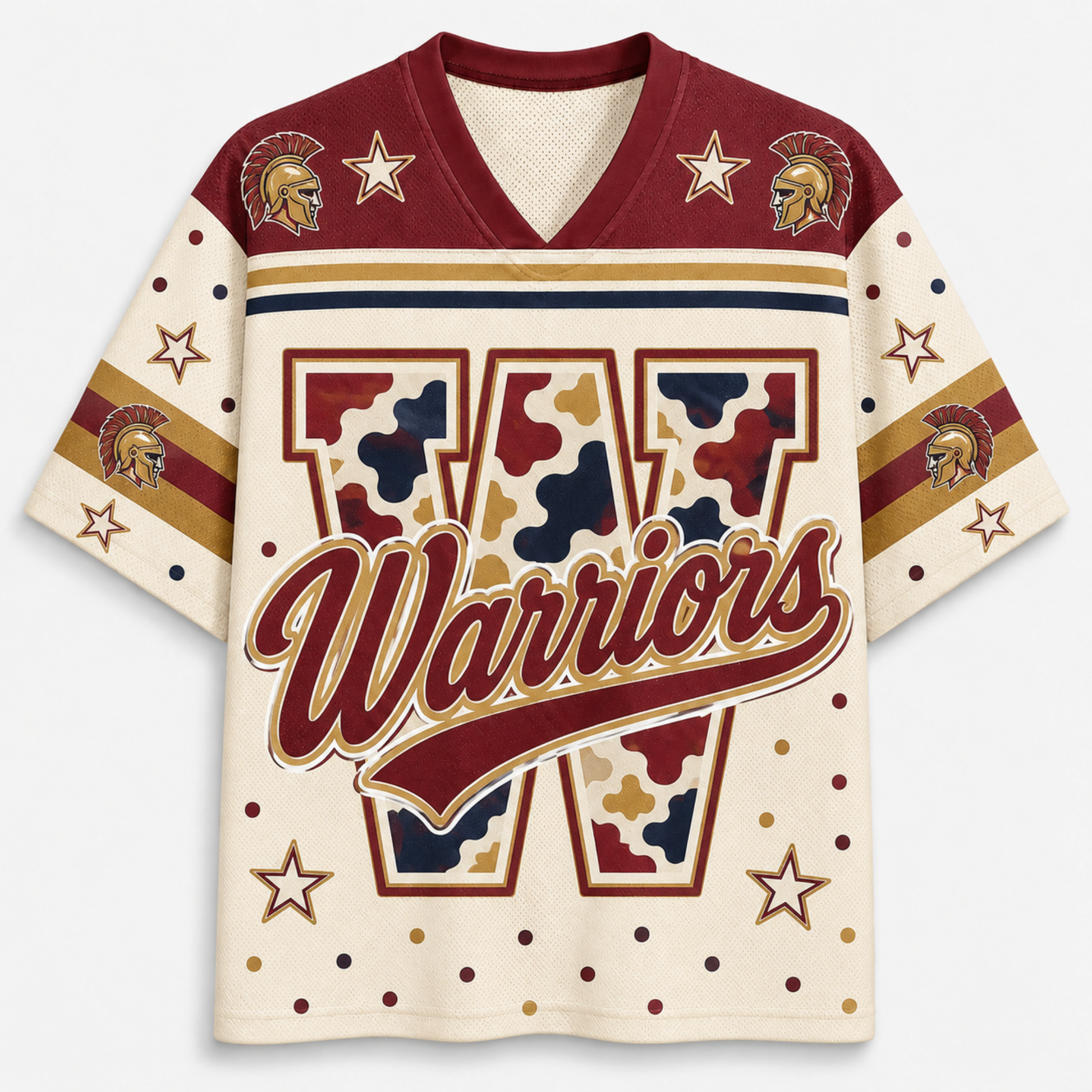 A short-sleeve V-neck jersey-style shirt with a cream base, burgundy shoulder panels, gold and navy stripes, star motifs, and a large camouflage-style letter W with the word Warriors across the front.
