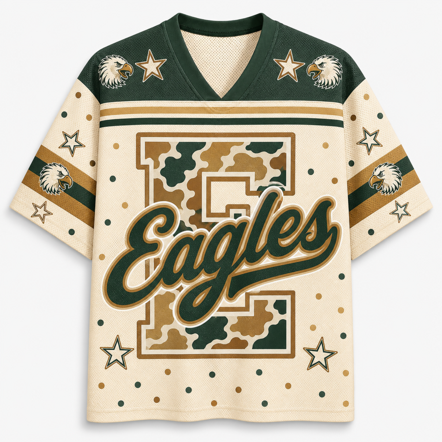 A short-sleeve V-neck jersey-style shirt with a cream base, dark green shoulder panels and script lettering, tan stripes, camouflage block lettering, eagle head graphics, and star motifs on a light gray background.