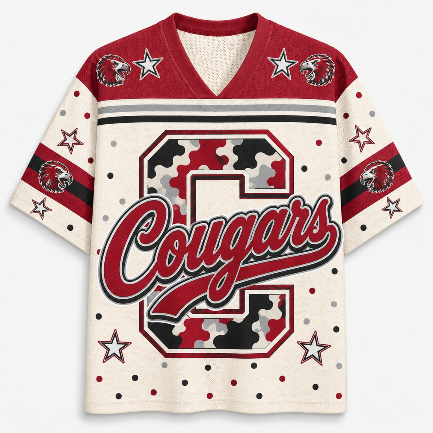 A short-sleeve V-neck athletic jersey with a cream base, red shoulders, and a large camouflage-style letter C with the word 'Cougars' across the front. The sleeves have red and black stripes, white stars, and cougar head logos.