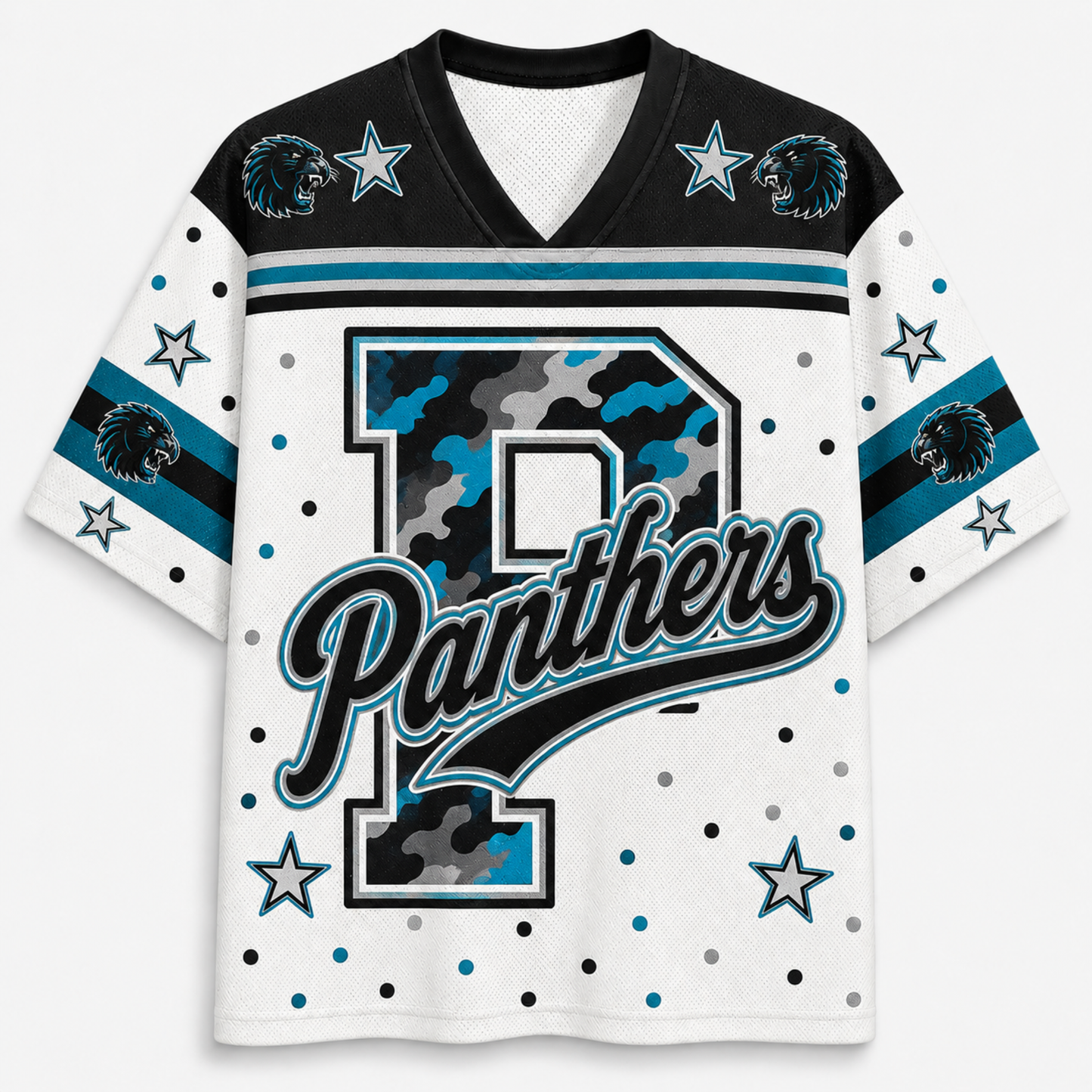 A white short-sleeve V-neck jersey with a black collar and shoulders, decorated with blue and black stripes, star motifs, a large camouflage-patterned letter P, and the word 'Panthers' in script across the front.