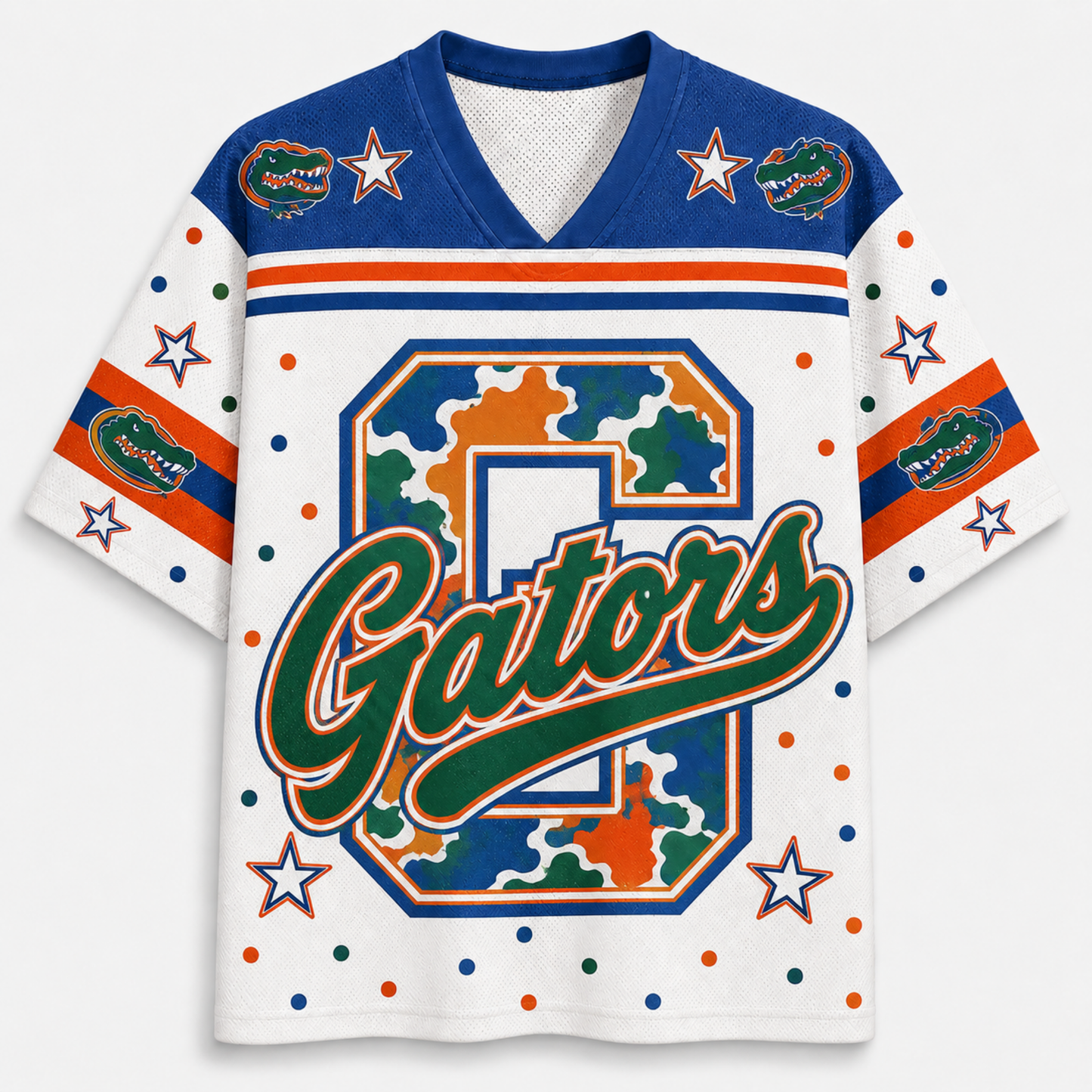Florida Gators themed short-sleeve jersey with a white body, blue shoulders, orange and blue stripes, camouflage-style number 2 graphic, green 'Gators' script, and alligator logos on the chest and sleeves.