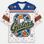 Florida Gators themed short-sleeve jersey with a white body, blue shoulders, orange and blue stripes, camouflage-style number 2 graphic, green 'Gators' script, and alligator logos on the chest and sleeves.