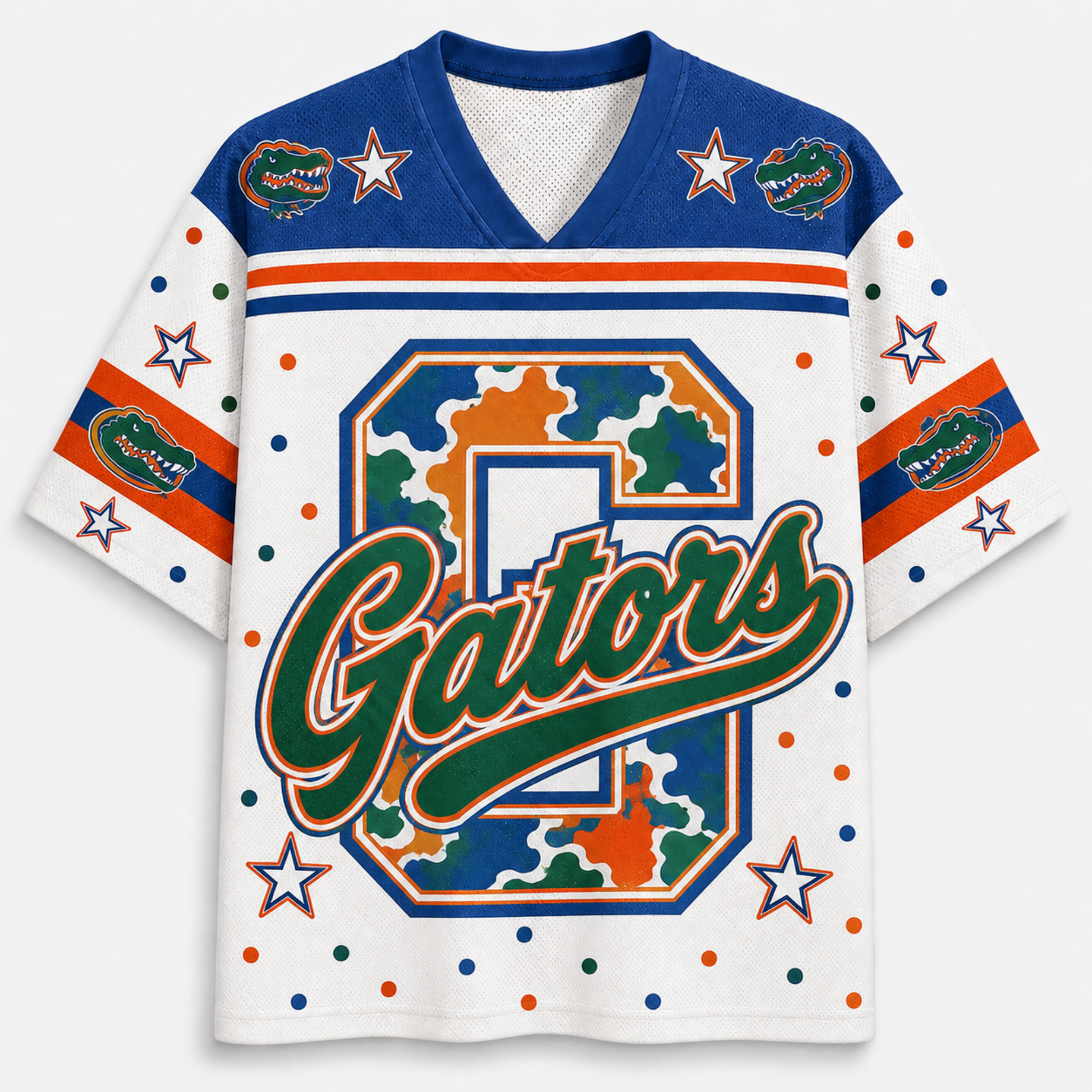 Florida Gators themed short-sleeve jersey with a white body, blue shoulders, orange and blue stripes, camouflage-style number 2 graphic, green 'Gators' script, and alligator logos on the chest and sleeves.