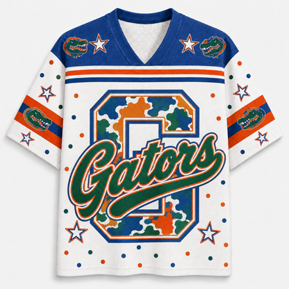 Florida Gators themed short-sleeve jersey with a white body, blue shoulders, orange and blue stripes, camouflage-style number 2 graphic, green 'Gators' script, and alligator logos on the chest and sleeves.