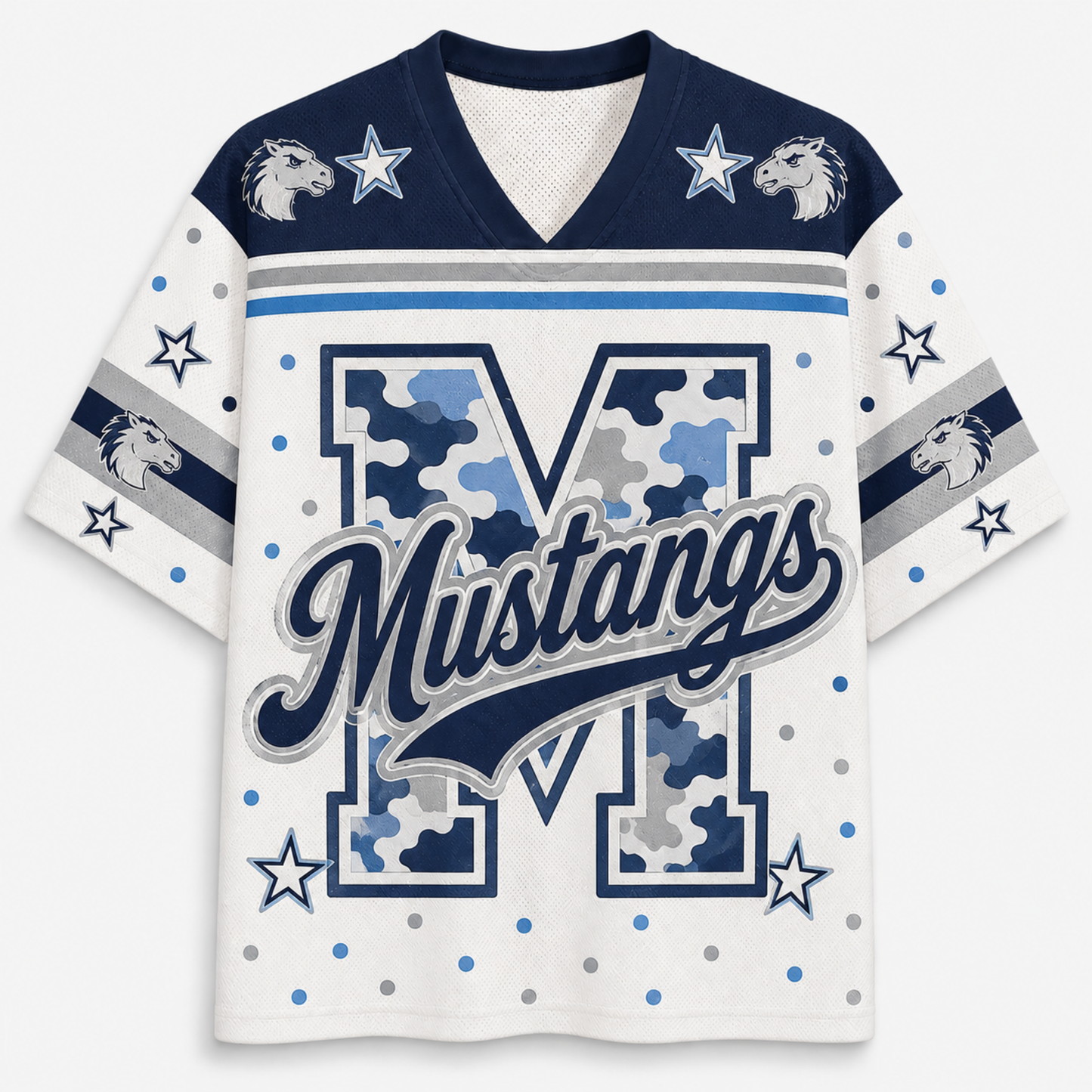 A white and navy blue athletic jersey-style shirt with a large camouflage-patterned letter M, the word Mustangs across the front, star and dot graphics, and horse head motifs on the shoulders and sleeves.