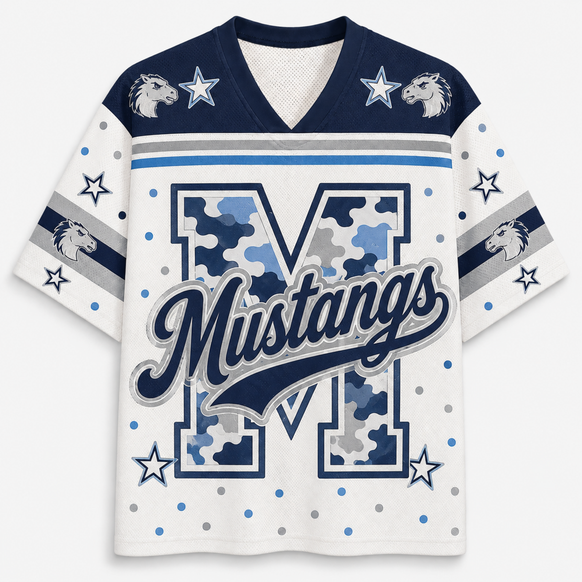 A white and navy blue athletic jersey-style shirt with a large camouflage-patterned letter M, the word Mustangs across the front, star and dot graphics, and horse head motifs on the shoulders and sleeves.