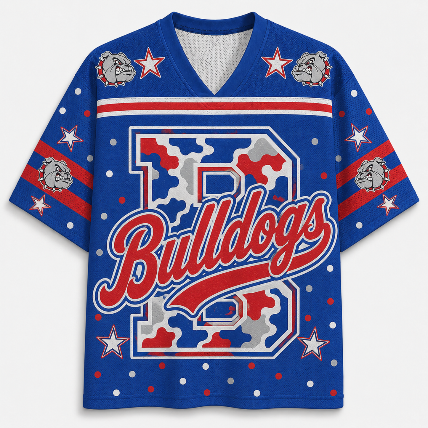A royal blue short-sleeve V-neck jersey with 'Bulldogs' in red script over a large red, white, and gray camouflage-style number 3 on the front. The sleeves have red stripes, white stars, and bulldog head graphics.