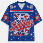 A royal blue short-sleeve V-neck jersey with 'Bulldogs' in red script over a large red, white, and gray camouflage-style number 3 on the front. The sleeves have red stripes, white stars, and bulldog head graphics.