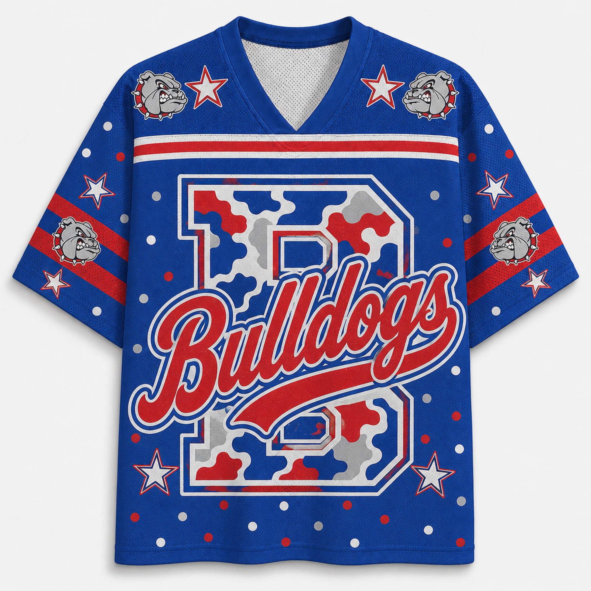 A royal blue short-sleeve V-neck jersey with 'Bulldogs' in red script over a large red, white, and gray camouflage-style number 3 on the front. The sleeves have red stripes, white stars, and bulldog head graphics.