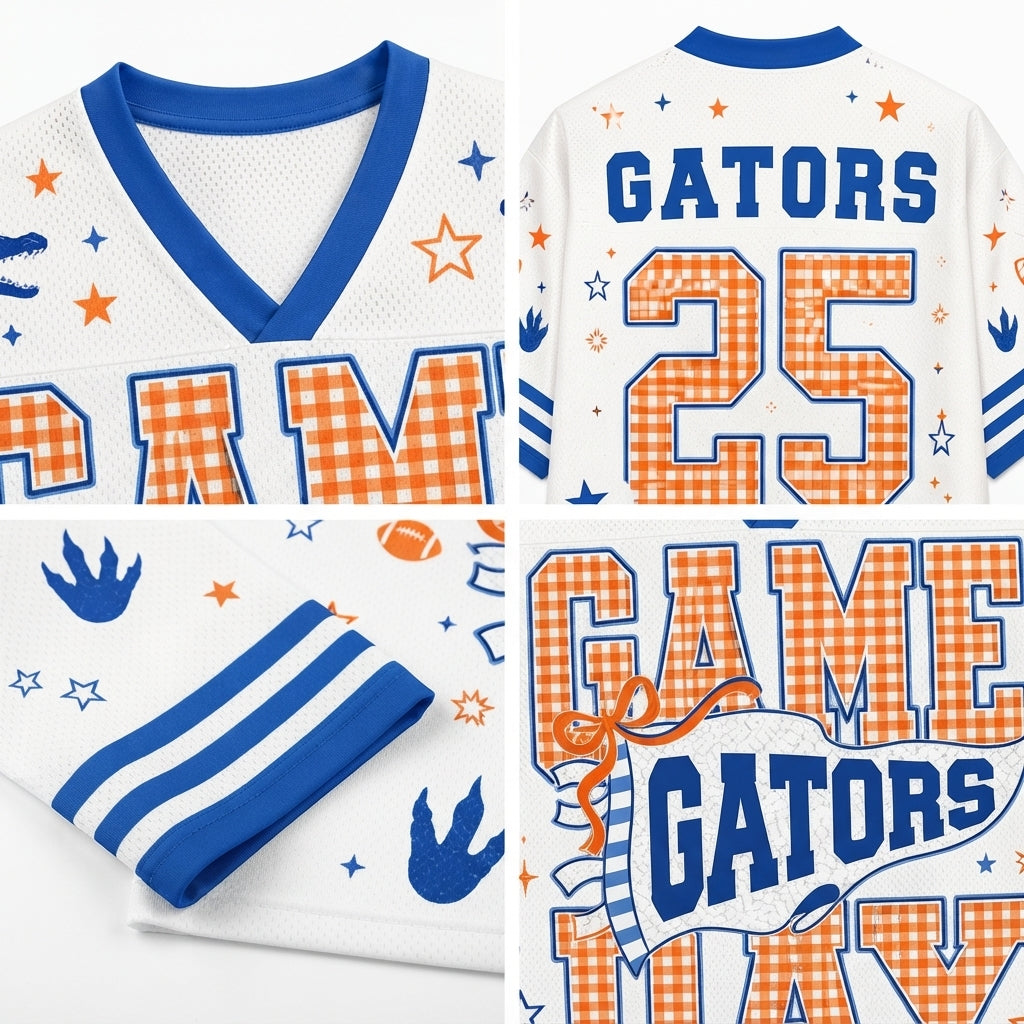 A white football-style jersey shown in multiple views, featuring blue trim and lettering, orange gingham lettering and numbers, and small blue and orange star/fish motifs. The front shows a V-neck and part of the word 'RAM'; the back shows 'GATORS' and the number '25'; one panel shows sleeve stripes and another shows the back collar area.