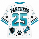White football jersey with 'PANTHERS' and number '25' on the back, featuring a blue and white gingham pattern on the numbers, black and blue stripes on the sleeves, paw prints, stars, a panther shield logo, and a megaphone graphic.