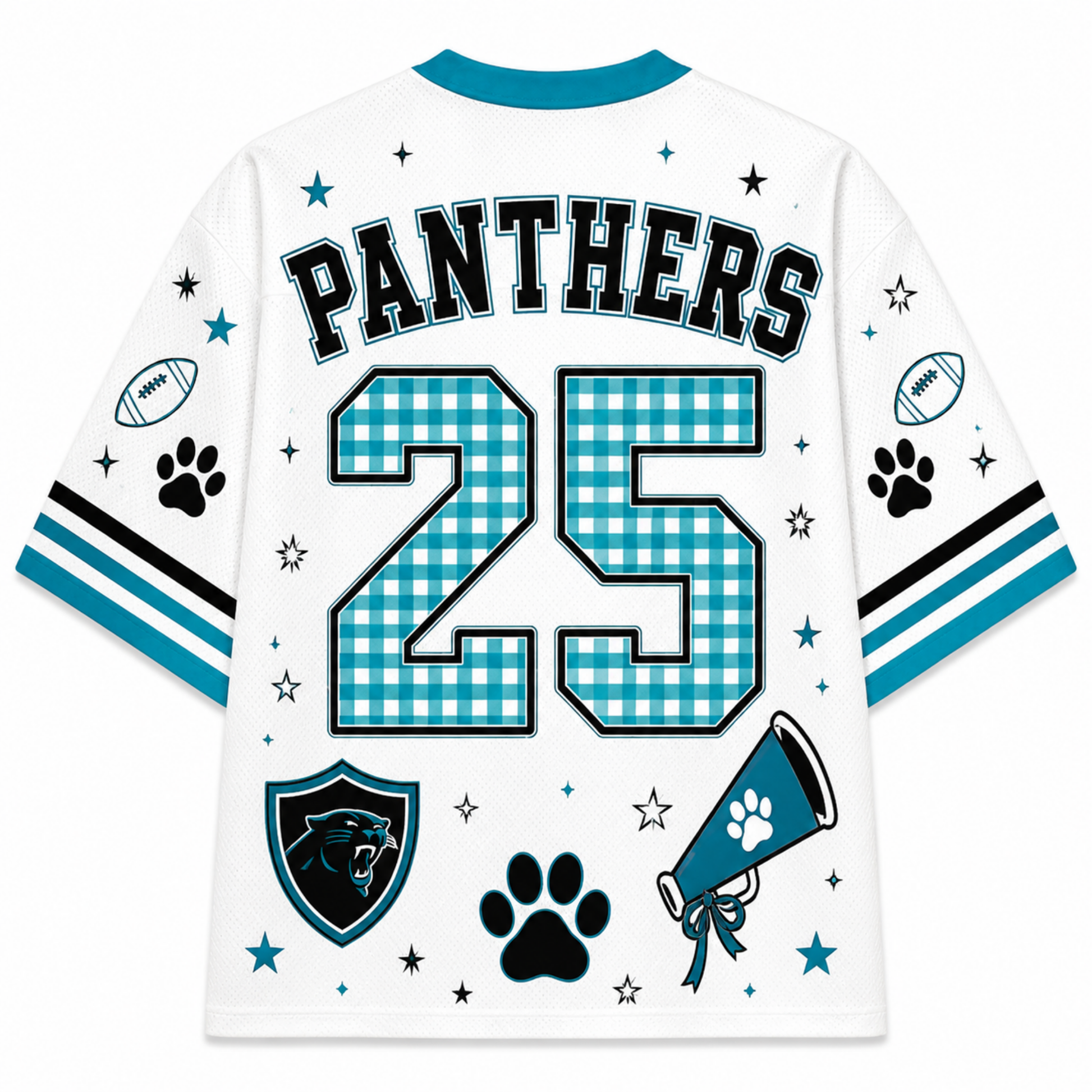 White football jersey with 'PANTHERS' and number '25' on the back, featuring a blue and white gingham pattern on the numbers, black and blue stripes on the sleeves, paw prints, stars, a panther shield logo, and a megaphone graphic.