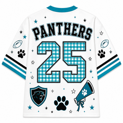 White football jersey with 'PANTHERS' and number '25' on the back, featuring a blue and white gingham pattern on the numbers, black and blue stripes on the sleeves, paw prints, stars, a panther shield logo, and a megaphone graphic.