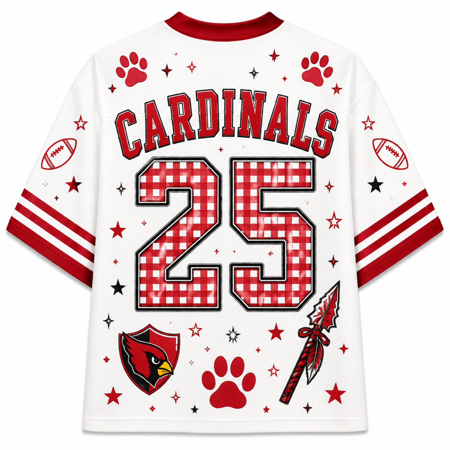 White short-sleeve football jersey with red collar and sleeve stripes, featuring 'CARDINALS' and the number '25' in a red-and-white gingham pattern. The back also includes red paw prints, stars, footballs, a spear head, and an Arizona Cardinals shield logo.