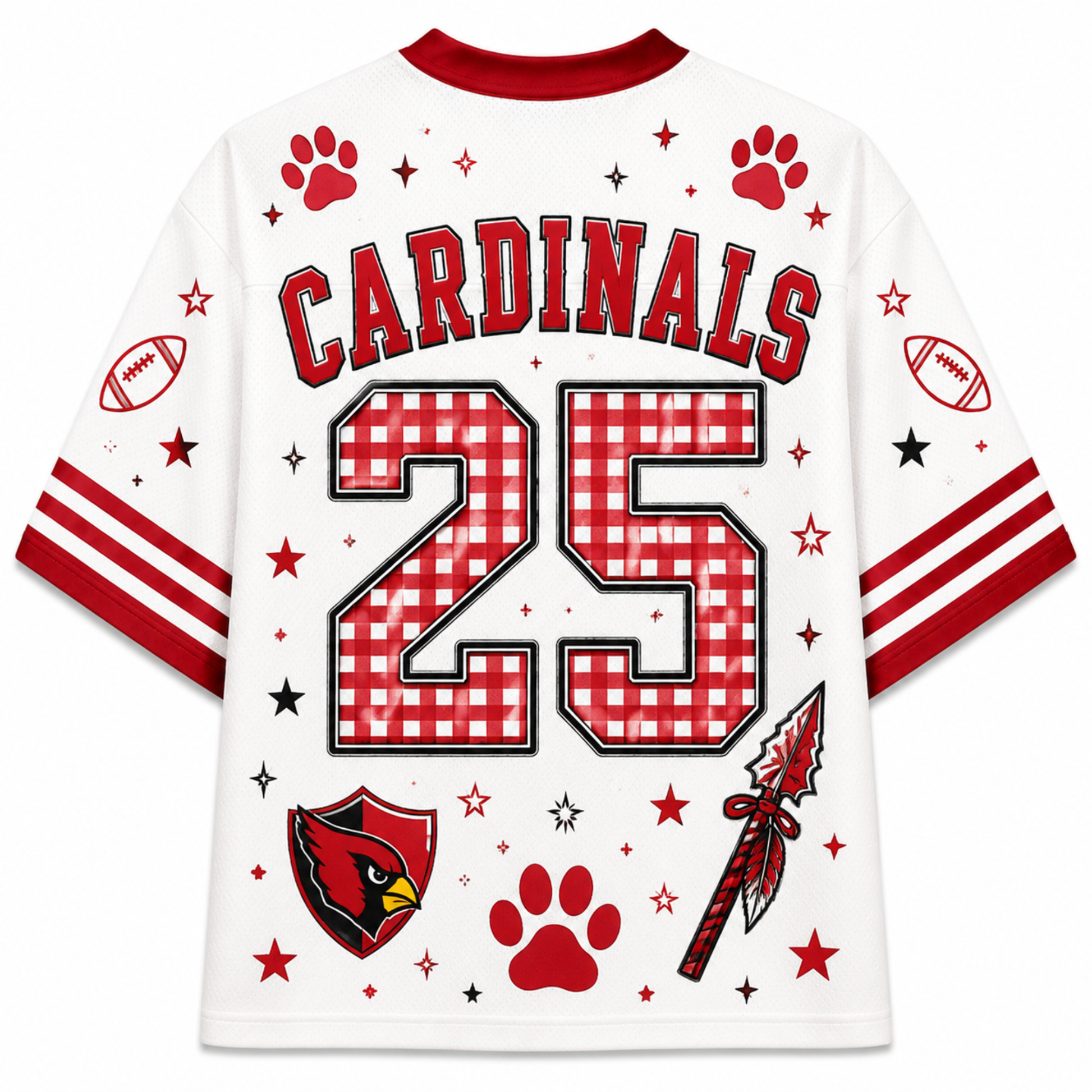White short-sleeve football jersey with red collar and sleeve stripes, featuring 'CARDINALS' and the number '25' in a red-and-white gingham pattern. The back also includes red paw prints, stars, footballs, a spear head, and an Arizona Cardinals shield logo.