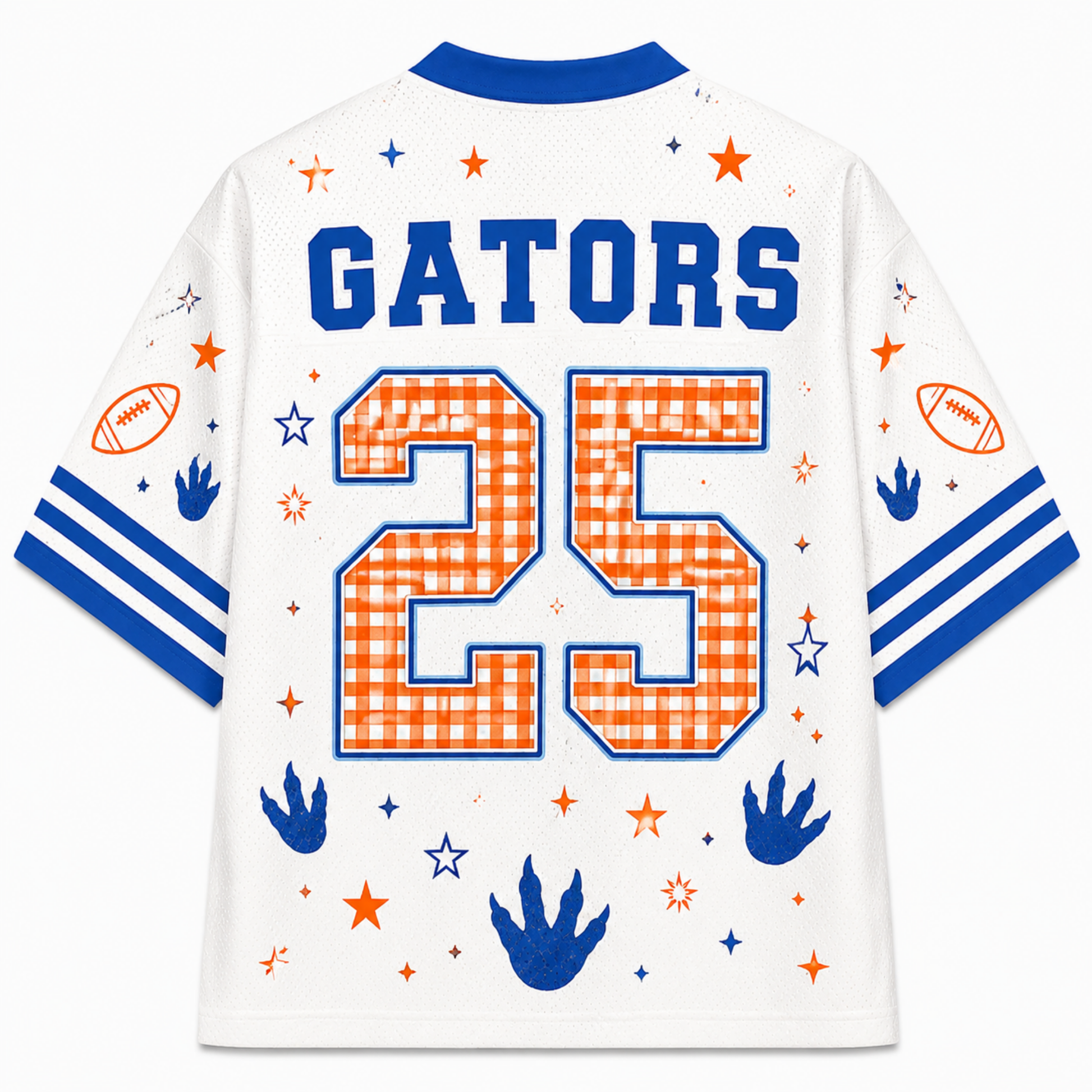 White mesh Florida Gators football jersey with blue and orange graphics, featuring 'GATORS' and the number '25' on the back.