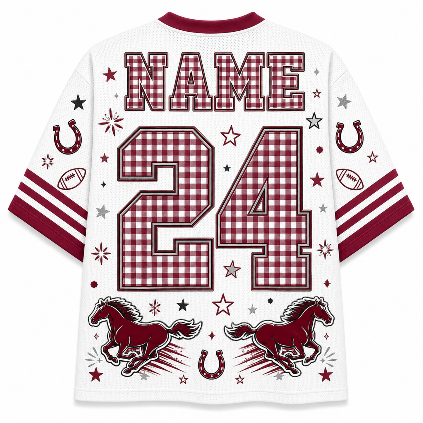 White short-sleeve football jersey with red and maroon graphics, featuring a customizable name and number 24 in a red-and-white gingham pattern. The back includes red and maroon stripes on the sleeves, horseshoes, stars, footballs, and two running horse silhouettes.
