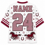 White short-sleeve football jersey with red and maroon graphics, featuring a customizable name and number 24 in a red-and-white gingham pattern. The back includes red and maroon stripes on the sleeves, horseshoes, stars, footballs, and two running horse silhouettes.