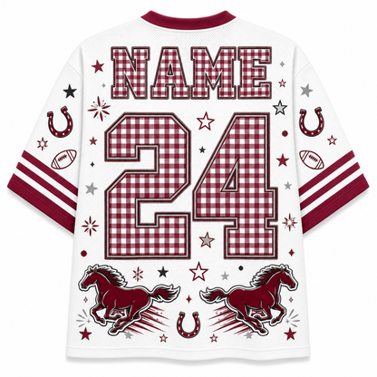 White short-sleeve football jersey with red and maroon graphics, featuring a customizable name and number 24 in a red-and-white gingham pattern. The back includes red and maroon stripes on the sleeves, horseshoes, stars, footballs, and two running horse silhouettes.