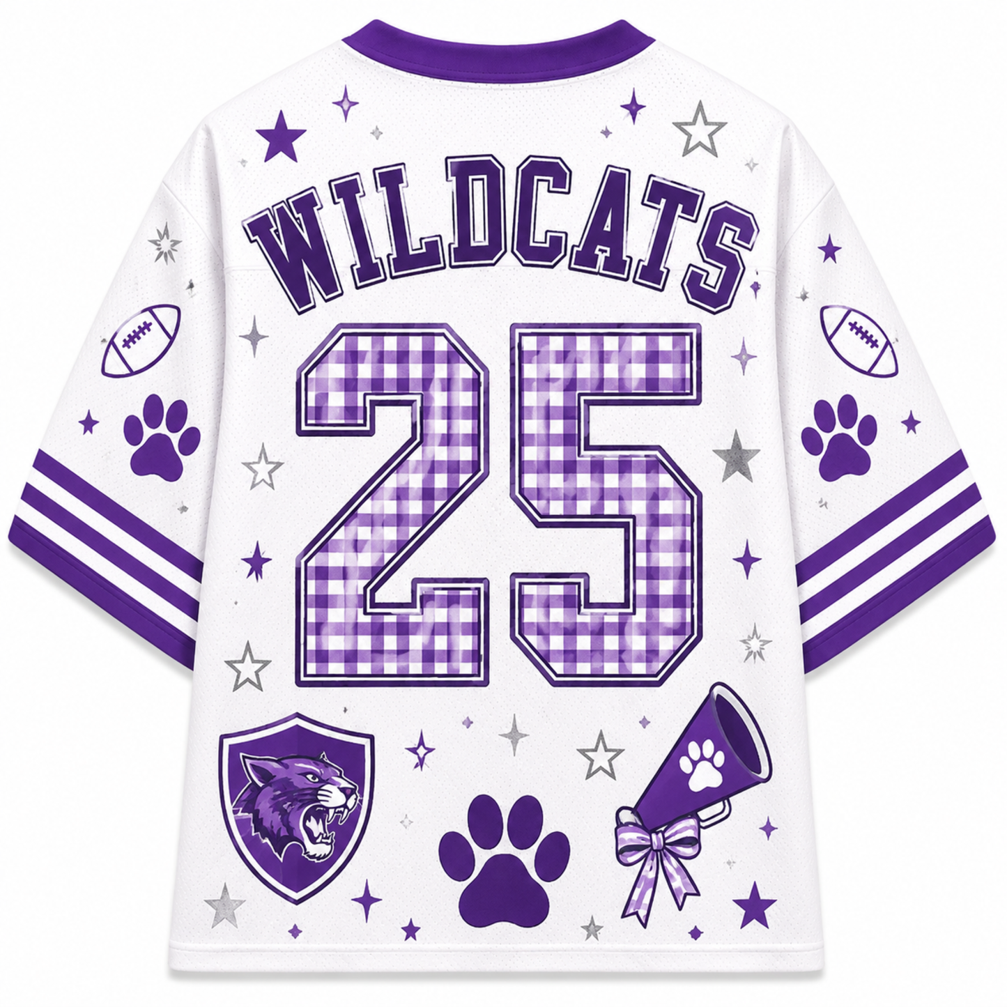 White short-sleeve athletic jersey with purple trim and graphics, featuring the word WILDCATS across the shoulders, the number 25 in a purple-and-white gingham pattern, paw prints, stars, football and baseball motifs, and a wildcat head shield logo near the lower left.