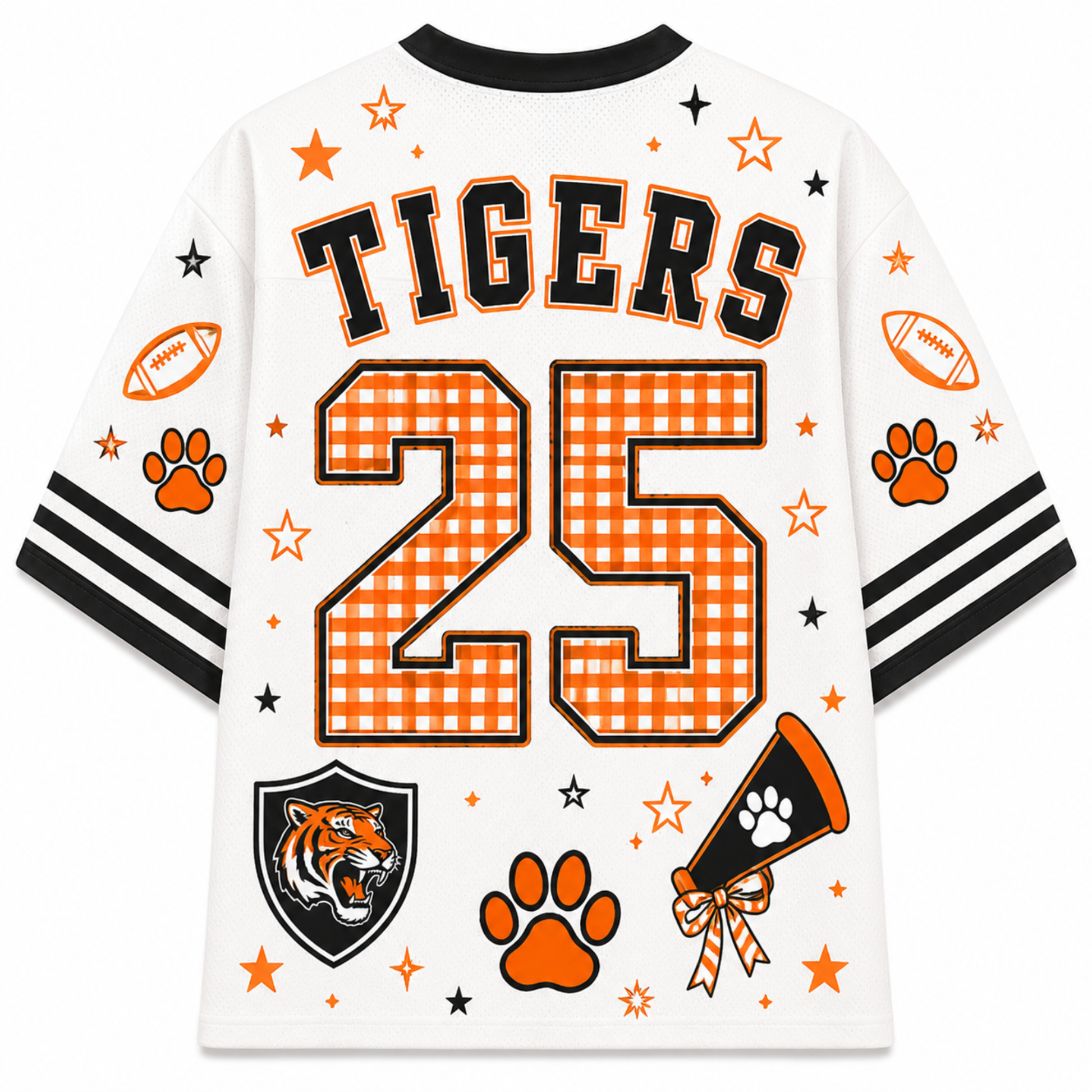 White short-sleeve football jersey shown from the back, featuring 'TIGERS' and the number '25' in orange gingham with black outlines. The design includes orange paw prints, stars, footballs, a tiger head shield, and a megaphone graphic, with black and white striped sleeve accents.
