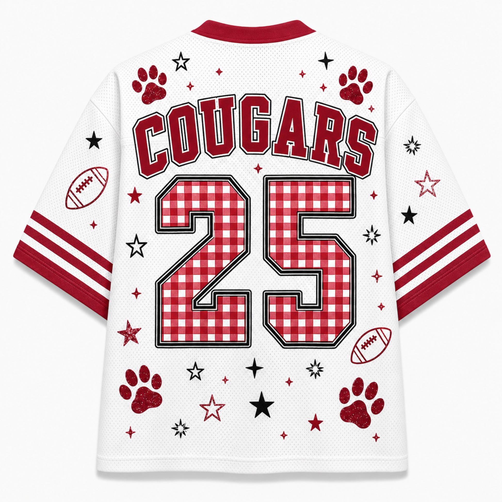 White athletic-style jersey shown from the back with red trim, the word COUGARS across the shoulders, the number 25 in red-and-white gingham, and scattered paw prints, stars, and football motifs on a light gray background.