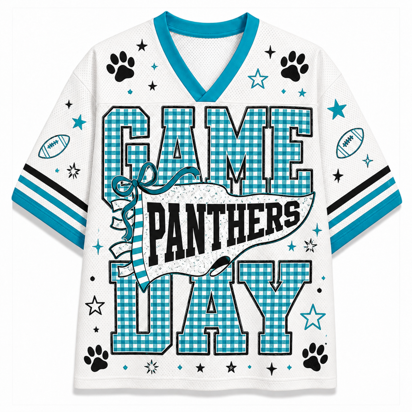 A white short-sleeve V-neck jersey-style shirt with turquoise and black sports graphics. The front reads “GAME PANTHERS DAY” in large gingham block letters, with paw prints, stars, footballs, and striped sleeve accents.