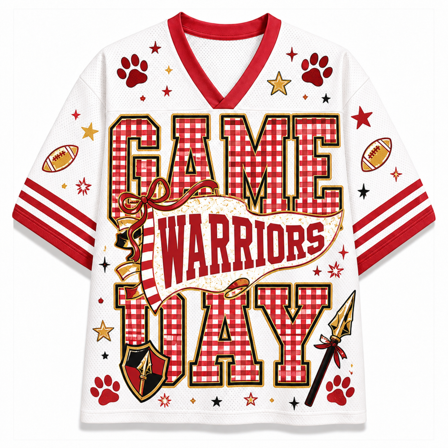 A white short-sleeve V-neck jersey with red and gold 'GAME WARRIORS WAY' text, red paw prints, footballs, stars, and a shield graphic on a white background.