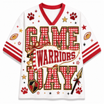 A white short-sleeve V-neck jersey with red and gold 'GAME WARRIORS WAY' text, red paw prints, footballs, stars, and a shield graphic on a white background.