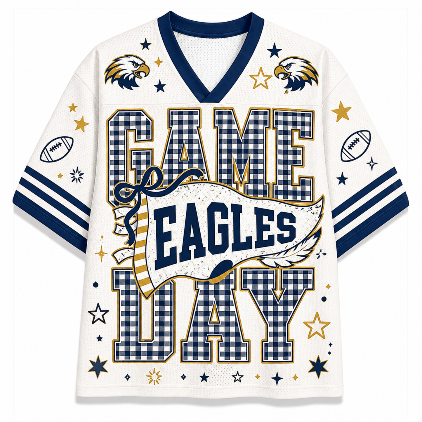A white short-sleeve football jersey with navy blue and gold graphics celebrating 'Game Eagles Day'. The jersey features a navy blue V-neck collar, navy and gold gingham patterned block letters spelling 'GAME EAGLES DAY', eagle head illustrations, football motifs, and gold stars.
