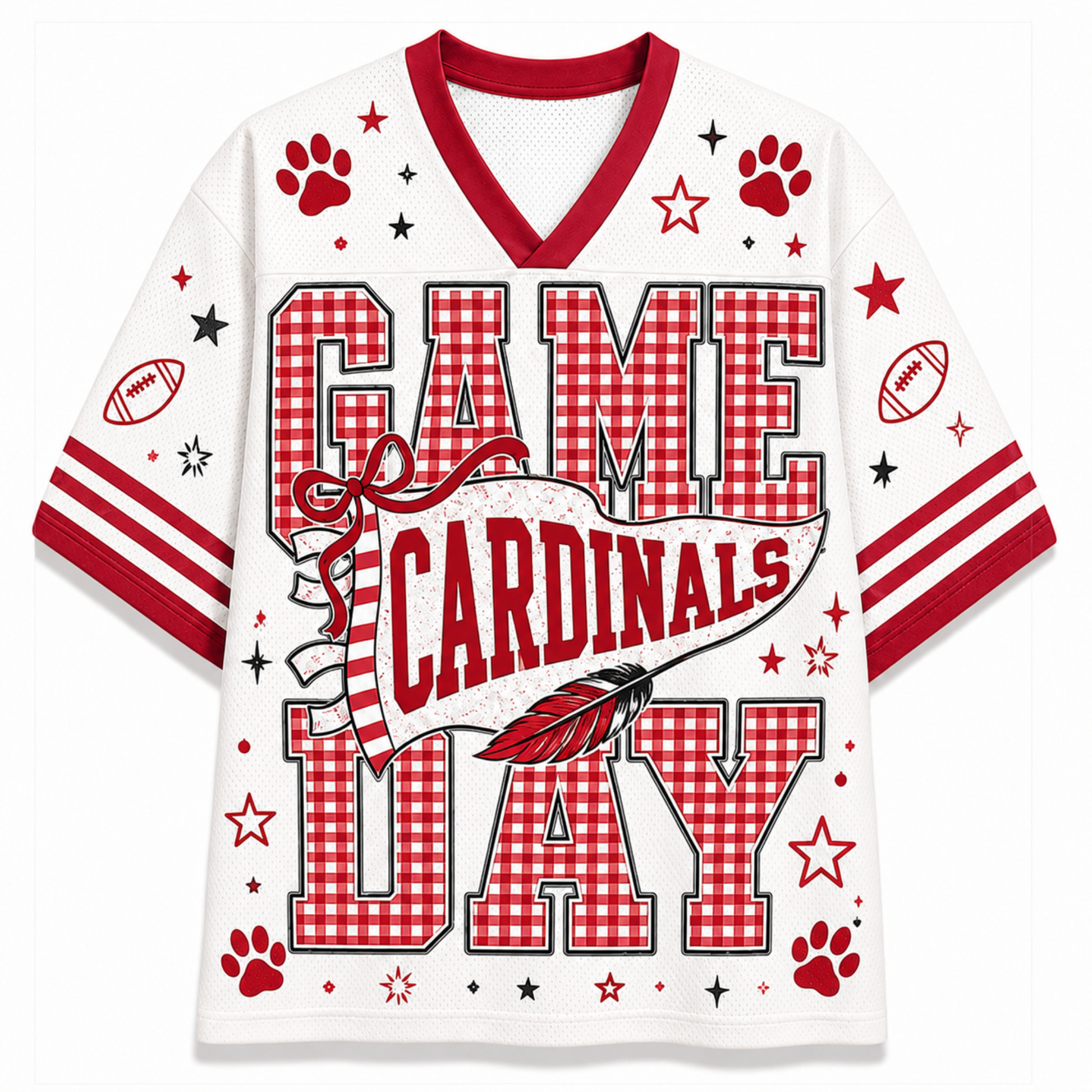 A white and red gingham football-style jersey with 'GAME CARDINALS DAY' printed across the front, decorated with paw prints, stars, footballs, and striped sleeve accents.