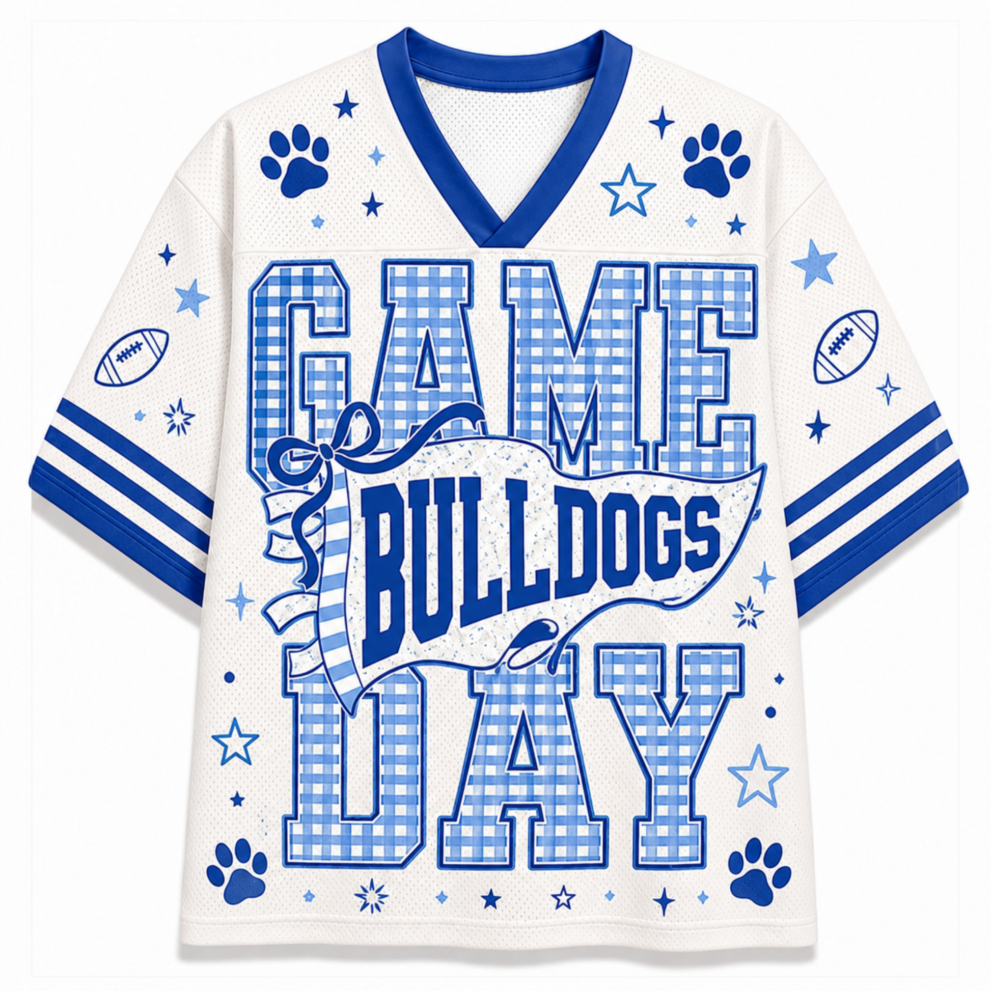 A white mesh football-style jersey with royal blue trim and graphics, featuring the words “GAME BULLDOGS DAY” in large blue-and-white gingham block letters, with paw prints, stars, footballs, and stripes on the sleeves.