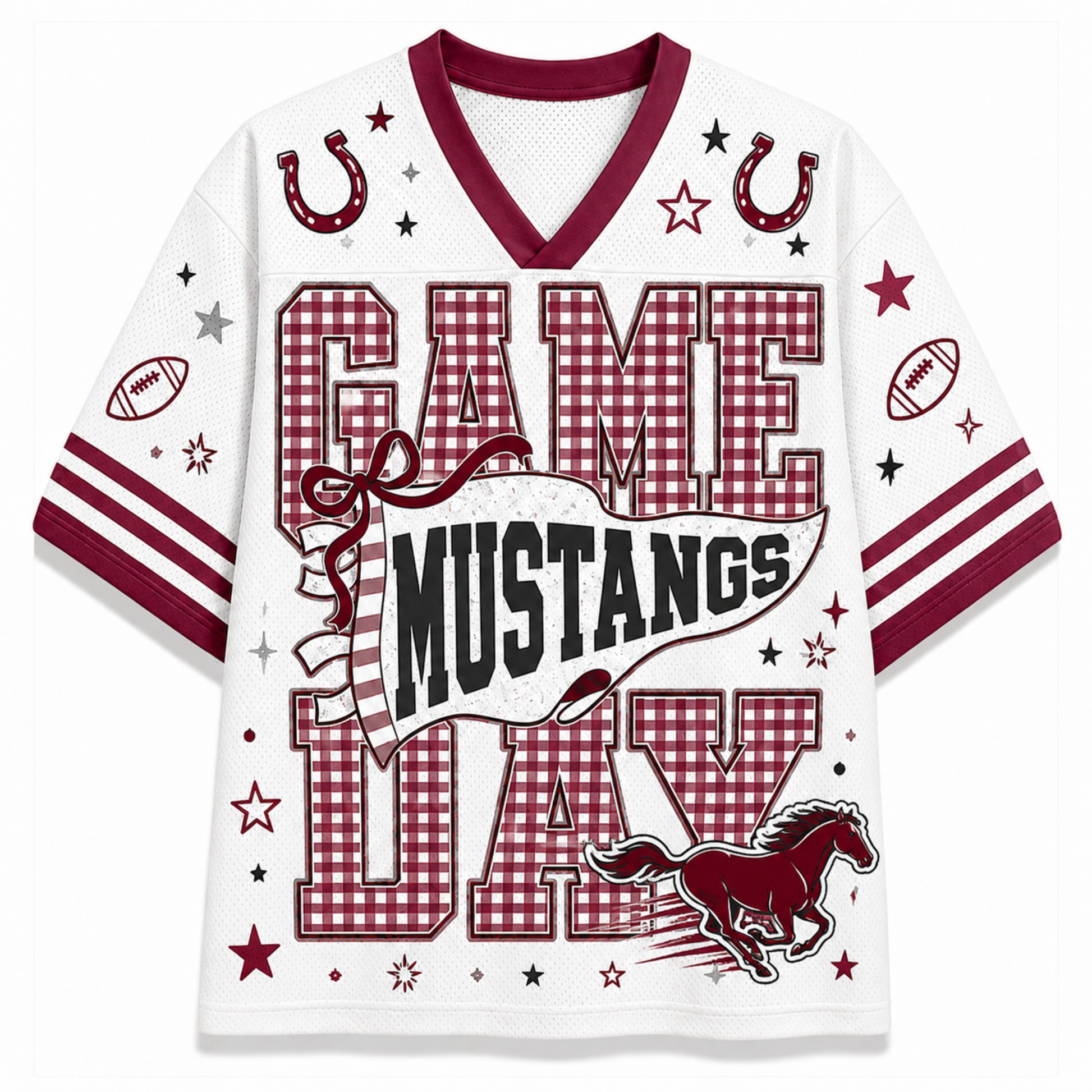 A white mesh football-style jersey with maroon trim and a large 'GAME MUSTANGS DAY' graphic on the front. The design includes horseshoes, stars, footballs, stripes on the sleeves, and a running mustang illustration.