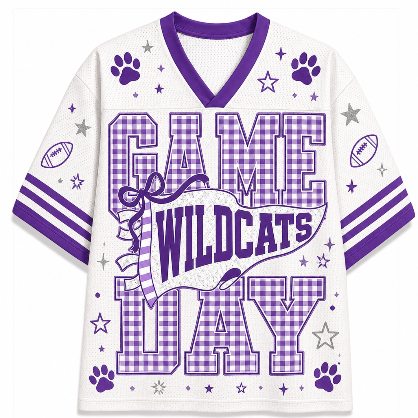 A white short-sleeve V-neck football-style jersey with purple trim and a large 'GAME WILDCATS DAY' graphic on the front. The design includes purple paw prints, stars, gingham pattern lettering, and football motifs on the sleeves, shown on a plain white background.