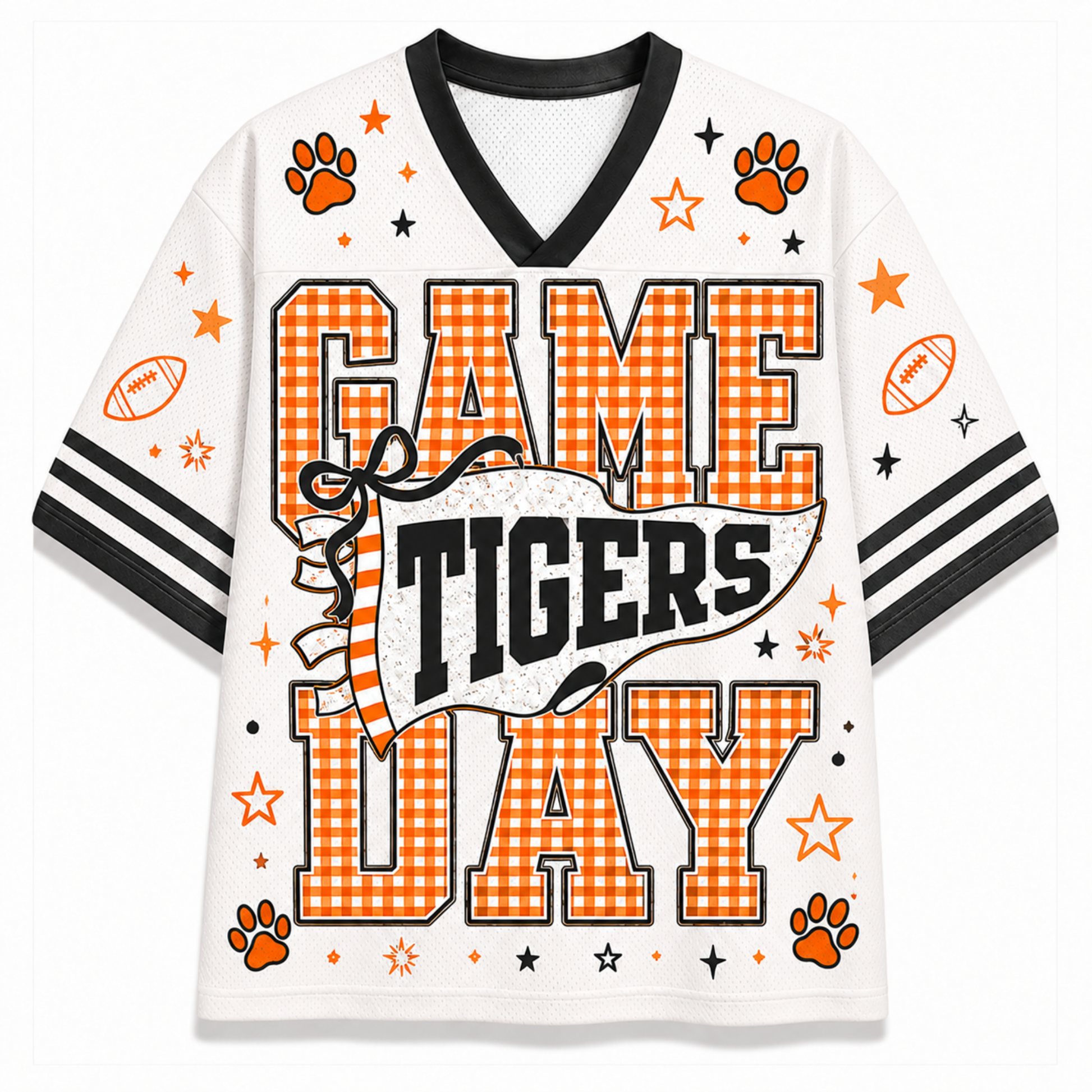 A white mesh short-sleeve t-shirt with a black V-neck collar and sleeve stripes, featuring a 'GAME TIGERS DAY' graphic print in orange and black with paw prints and stars.