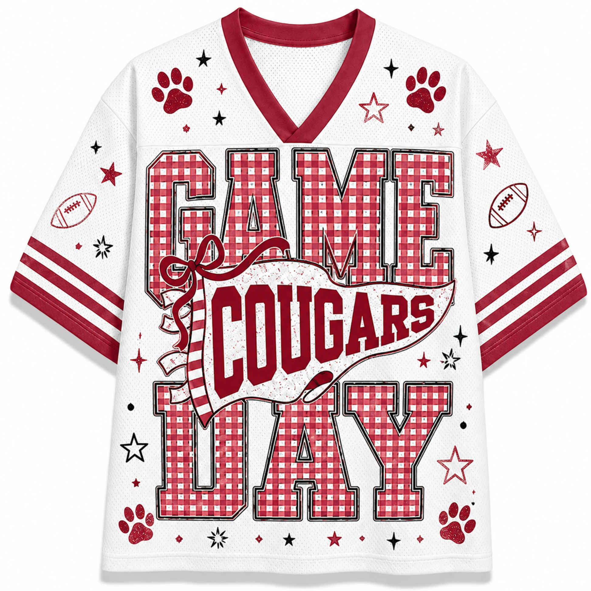 A white short-sleeve V-neck athletic-style shirt with red trim and the words 'GAME COUGARS DAY' in large red-and-white gingham block letters. The design includes paw prints, stars, footballs, and red stripes on the sleeves.