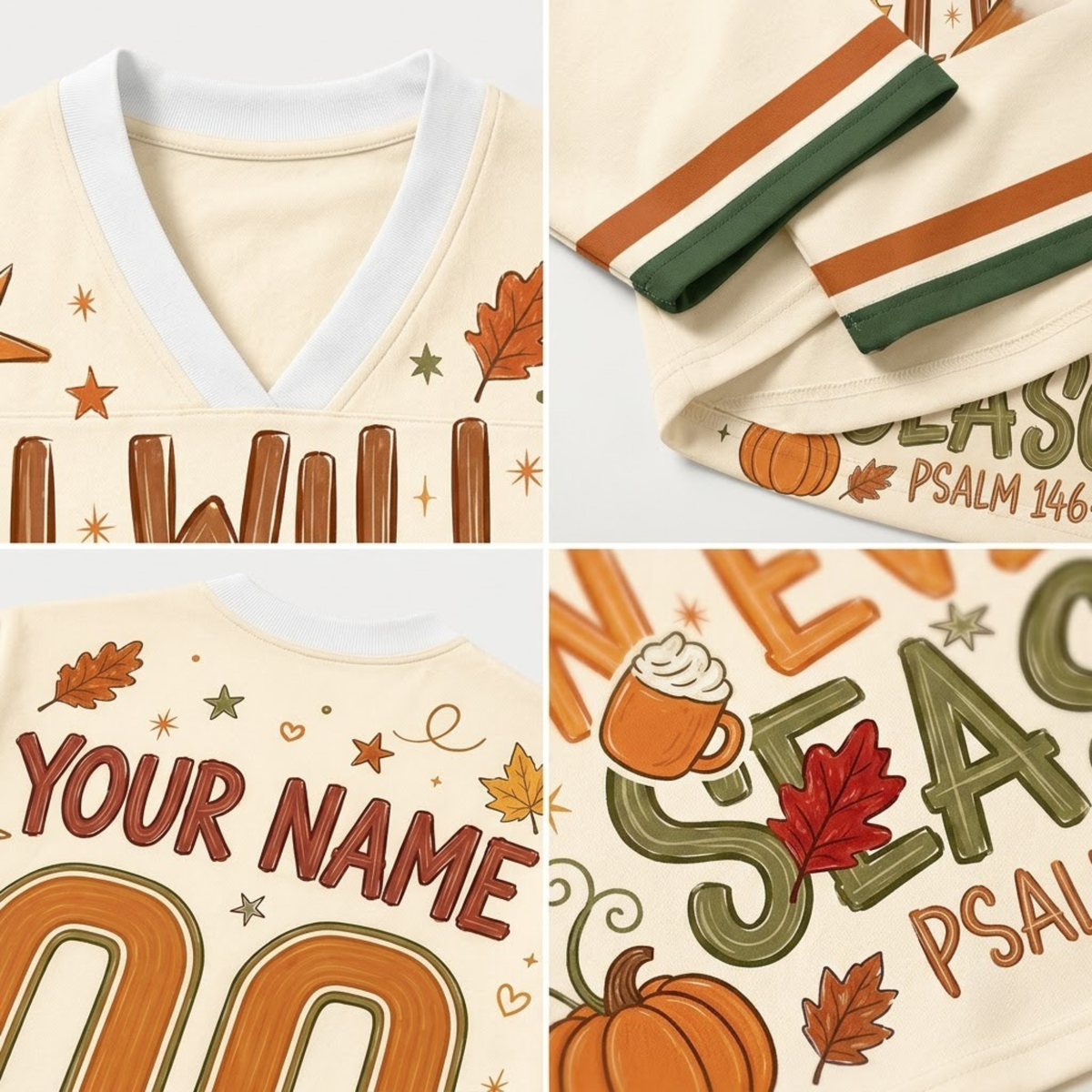 A 4-image grid collage highlighting the white ribbed V-neck collar, terracotta and olive sleeve stripes, autumn leaf doodles, macro stitching, and breathable cream mesh fabric.